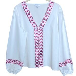 Koko + Mason Embroidered Button Front V-Neck Top Balloon Sleeves Sz M
